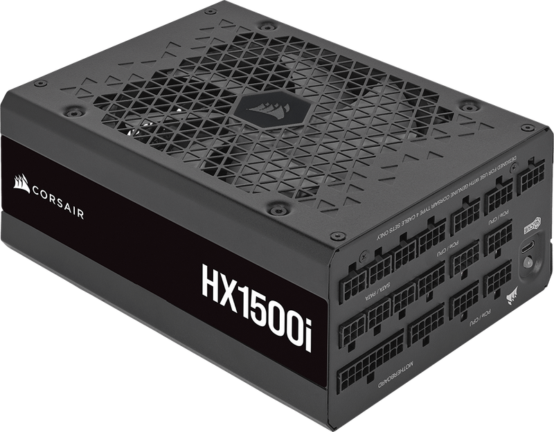 A quarter view of the HX1500i fully modular platinum ATX PC power supply.