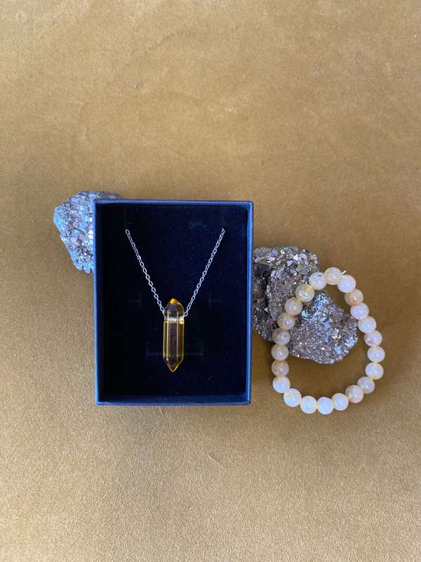 Amber Necklace and Citrine Bracelet Set (Stainless steel)