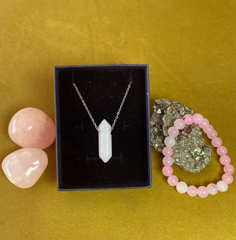 Rose Quartz set [Necklace Stainless Steel & Bracelet]