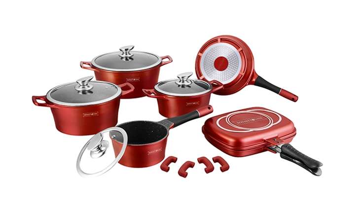 Royalty Line - 15 Pieces Marble Non-Stick Coating Cookware Set - Burgundy (READ DESCRIPTION)