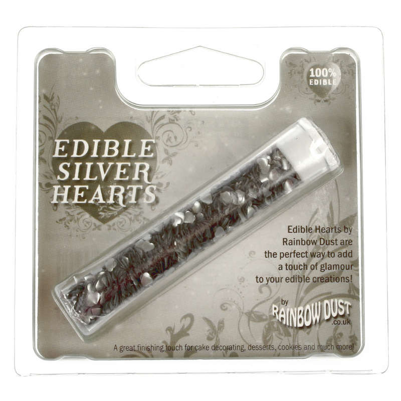 Rainbow Dust 100% Edible Metallic Cake Decorating Shapes Silver Hearts Sprinkles