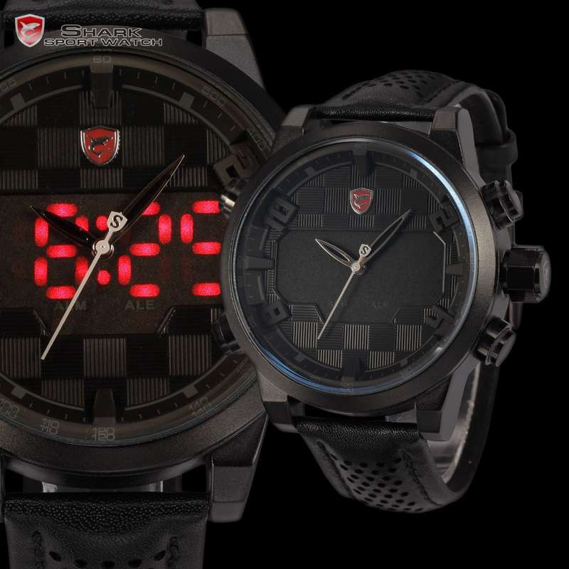 SHARK Digital Dual Movement Alarm Stainless Steel Case Leather Strap Sport Watch BRAND NEW