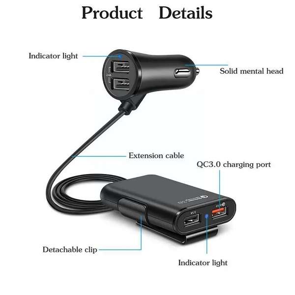 8A USB Charger For Car 4 Ports 40W With 1.8M Cable