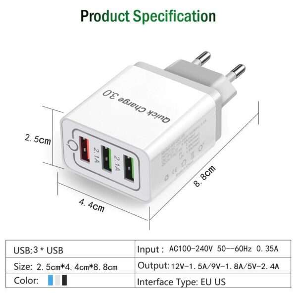 3 USB Fast Smart Charger 2 in 1 Meter Cable Link