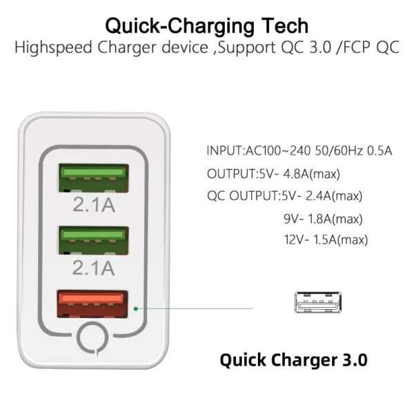 3 USB Fast Smart Charger 2 in 1 Meter Cable Link