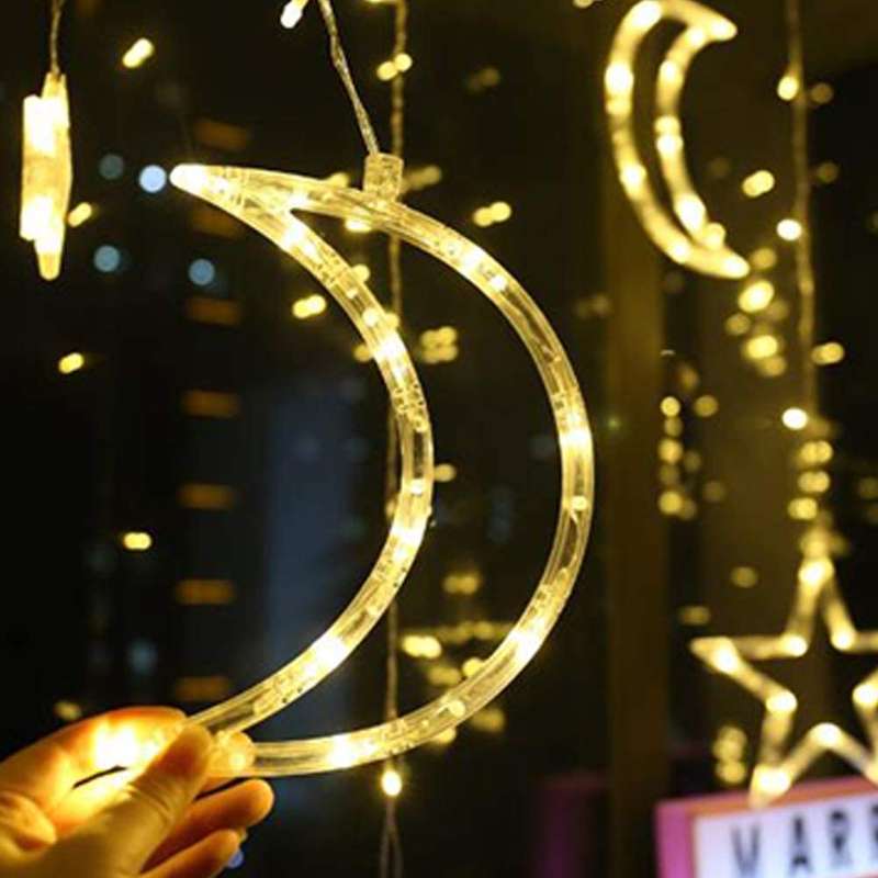 ZYF-10 Moon And Stars Fairy Curtain Light Warm White With Tail Plug Extension 8 Modes 3M