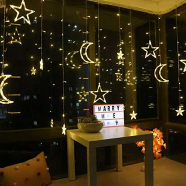 ZYF-10 Moon And Stars Fairy Curtain Light Warm White With Tail Plug Extension 8 Modes 3M