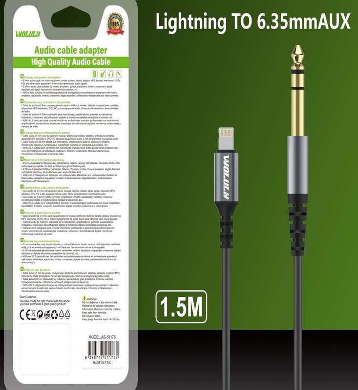 Wolulu AS-51176 Lighting Pin For IOS To Male 6.35 Cable 1.5m