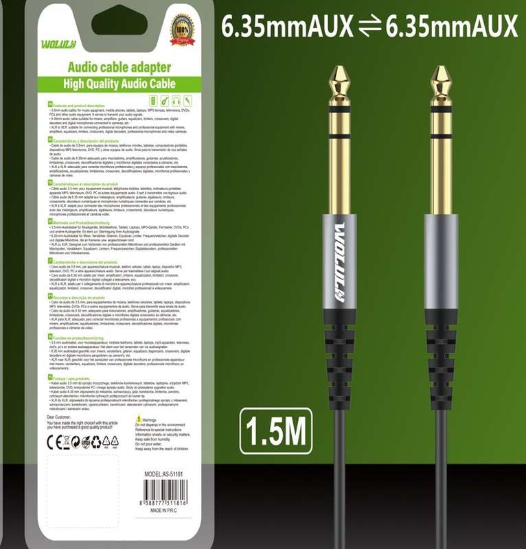 Wolulu AS-51181 Male 6.35 To Male 6.35 Cable 1.5m