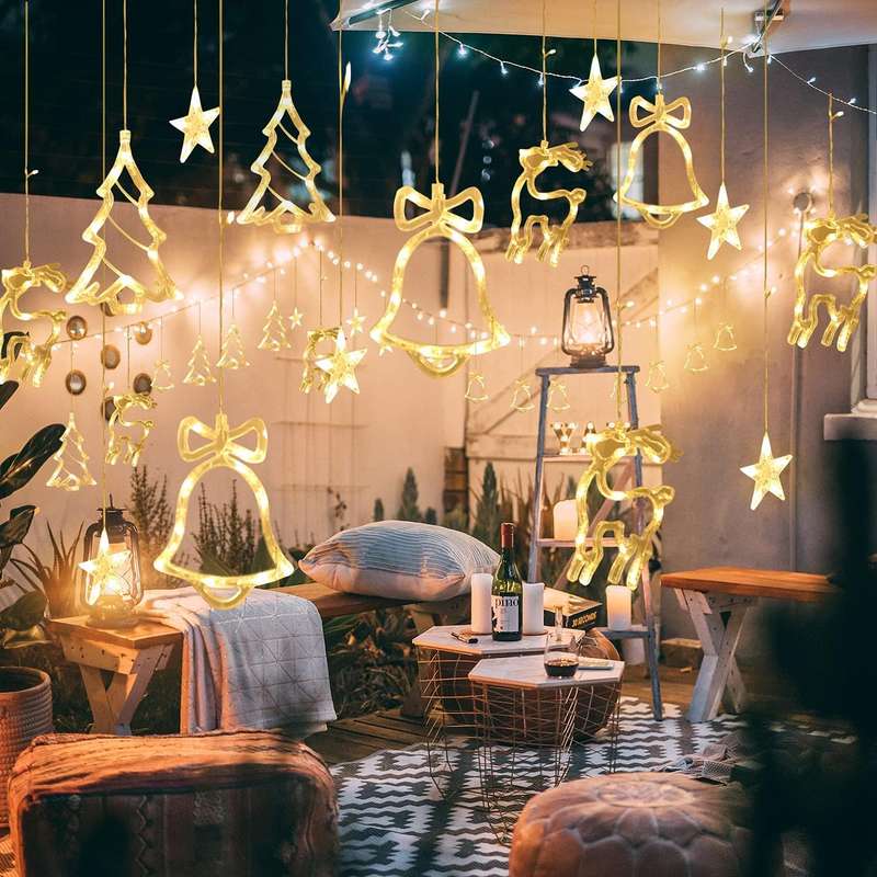 ZYF-7 Christmas Santa 12 Ornaments Curtain Fairy String Lights Warm White With Tail Plug Extensio...