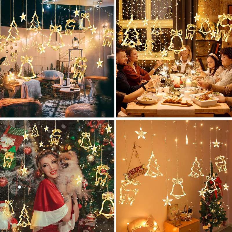 ZYF-7 Christmas Santa 12 Ornaments Curtain Fairy String Lights Warm White With Tail Plug Extensio...