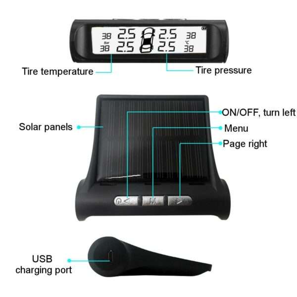 X6 Wireless Solar Tyre Pressure Monitoring System TPMS with Black and White LED