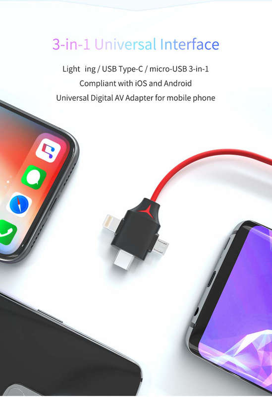 L7-7 3 in 1 HDMI Cable With USB Power, Type C, V8 And Lightning Pin for IOS