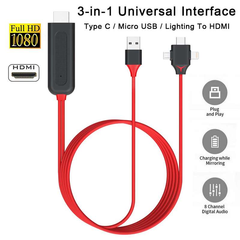 L7-7 3 in 1 HDMI Cable With USB Power, Type C, V8 And Lightning Pin for IOS