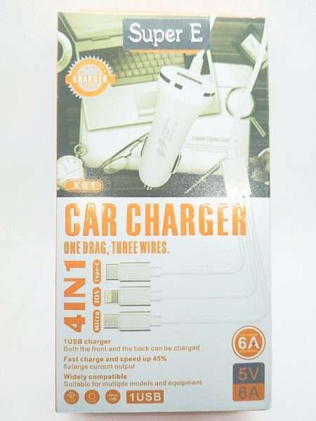 X01 USB 4in1 6A Car Charger with Type C, Micro USB and Lightning Cable