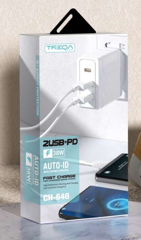 Treqa-CH-640 2USB+ PD 38W Fast Charger With Type C Cable