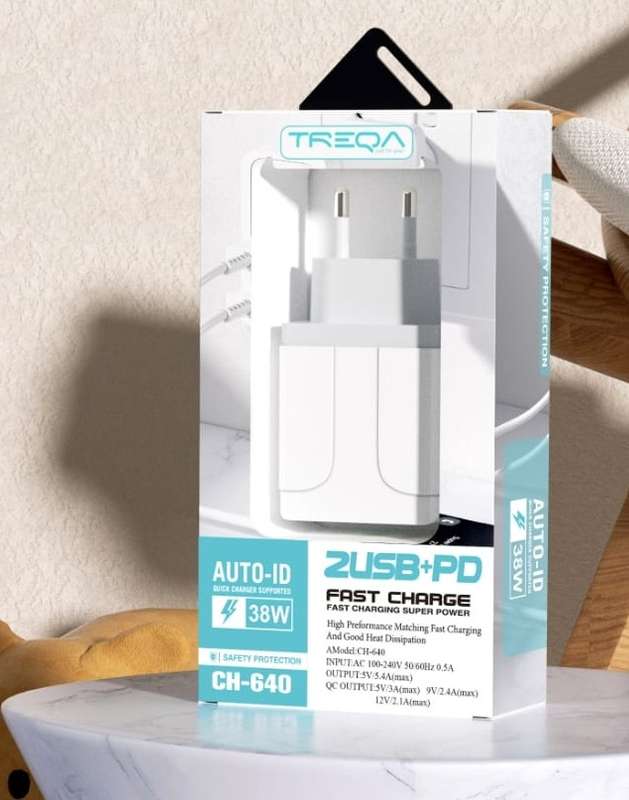 Treqa-CH-640 2USB+ PD 38W Fast Charger With Type C Cable