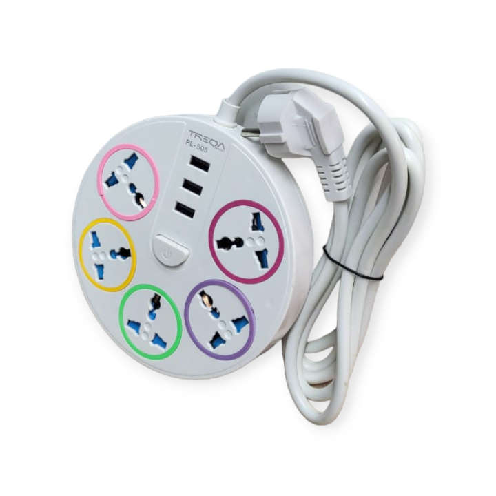 Treqa PL-505  5 Power Sockets + 3 USB Port With 2M Cable