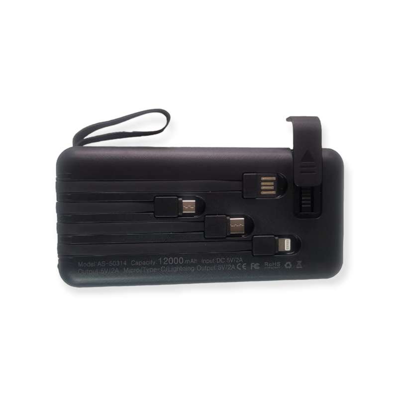 AS-50314 Power Bank 12000Mah Micro USB Type C And IOS Built-In Cables