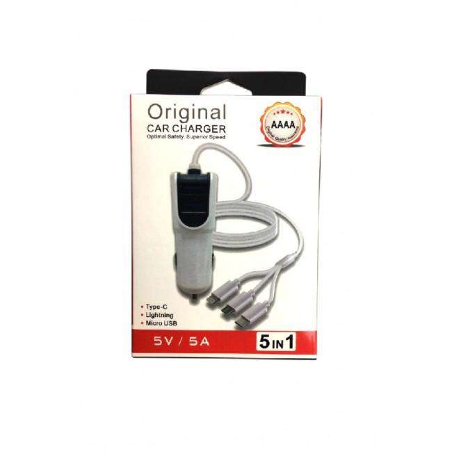 5 in 1 Dual Port Car Charger With Lightning, Type C, Micro USB Cable 5A/5V