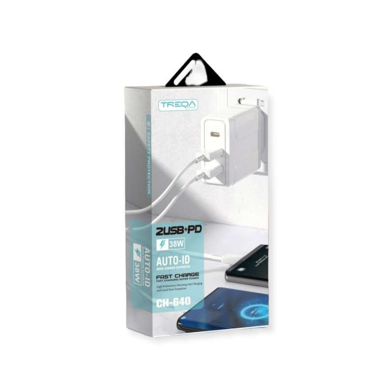 Treqa-CH-640 2USB+ PD 38W Fast Charger With Type C Cable