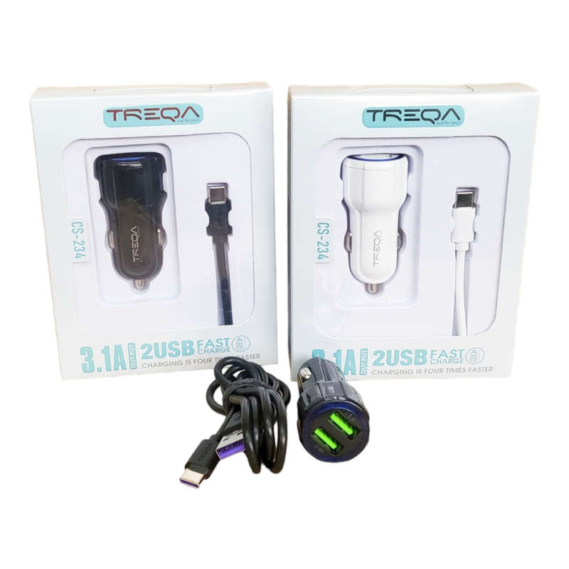 Treqa CS-234  Dual USB Port Car Charger With Type C Cable 3.1A
