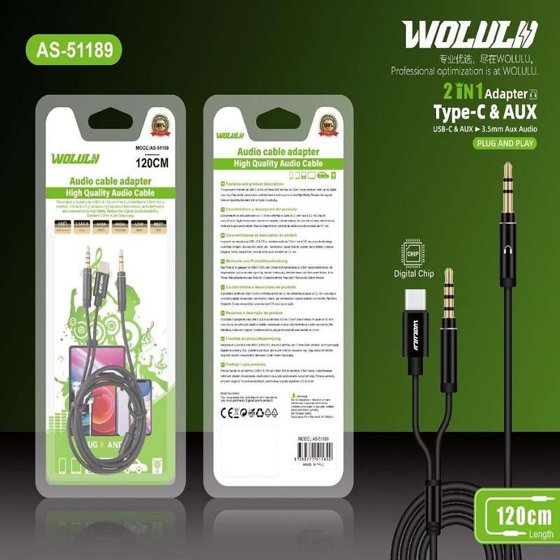 Wolulu AS-51189 Male 3.5mm To Male 3.5mm + Type C Cable 1.2m