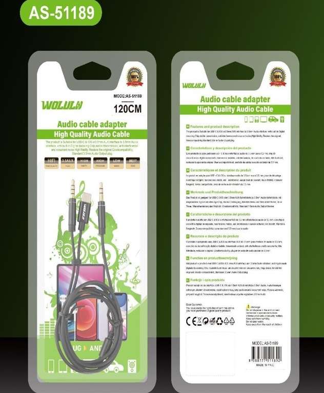 Wolulu AS-51189 Male 3.5mm To Male 3.5mm + Type C Cable 1.2m
