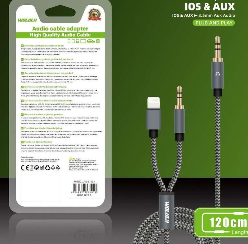 Wolulu AS-51191 Male 3.5mm To Male 3.5mm + Lightning Cable 1.2m