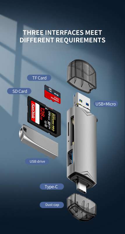 D-398 Multifunctional USB V8 &, Type C Card Reader OTG, Reads Micro SD + SD Card &, USB Flash Drive
