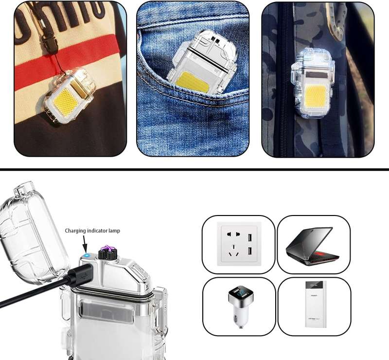 FA-WJ-990 Rechargeable Mini Hook Flashlight With Lighter Clear Case + Type C Charger Cable