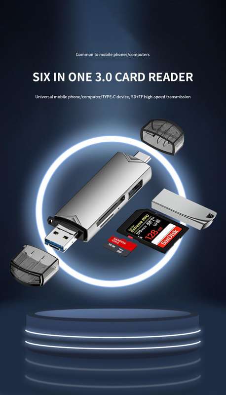 D-398 Multifunctional USB V8 &, Type C Card Reader OTG, Reads Micro SD + SD Card &, USB Flash Drive