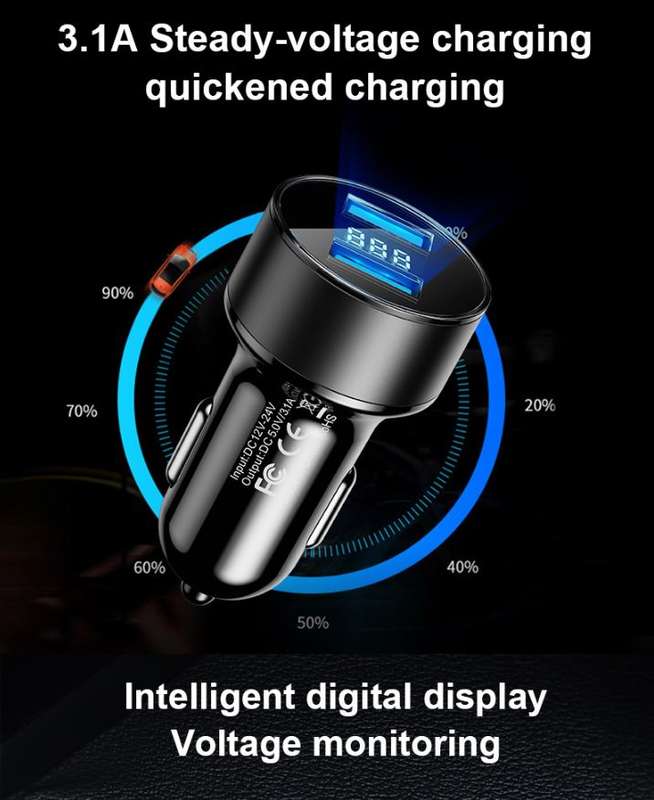 Treqa CC-319 Car Charger 5V 3.1A Quick Charge Dual USB Port LED Display