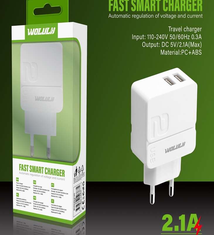 Wolulu AS-51383 Dual USB Smart Fast Wall Charger 2.1A