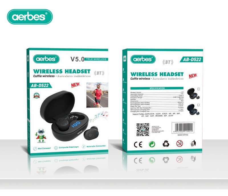Aerbes AB-D522 True Wireless Cuffie Bluetooth V5.0 Earphone