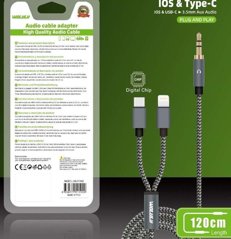 Wolulu AS-51192  Male 3.5mm To Lightning + Type C  Cable 1.2m