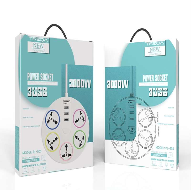 Treqa PL-505  5 Power Sockets + 3 USB Port With 2M Cable