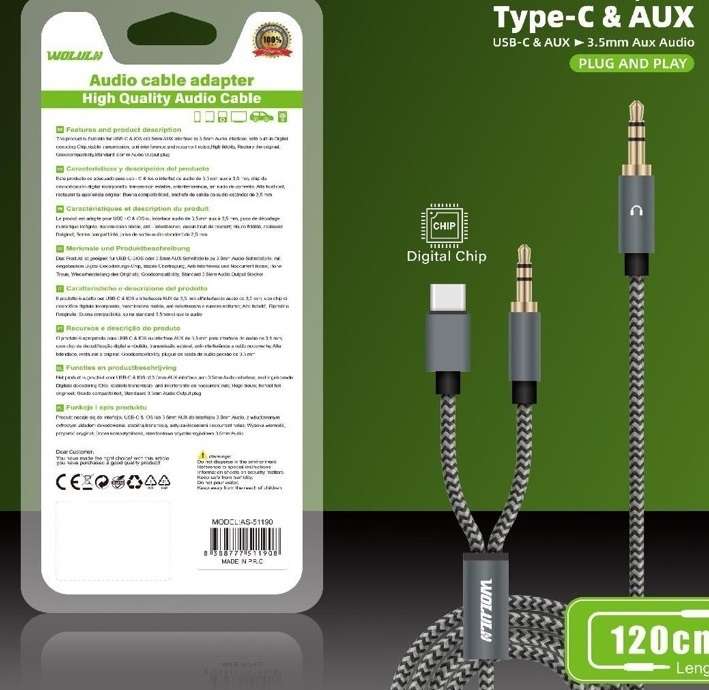 Wolulu AS-51190 Male 3.5mm To Male 3.5mm + Type C Cable 1.2m