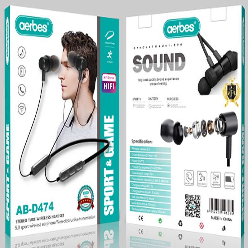 Aerbes AB-D474 Neckband Wireless Bluetooth Sports Earphones
