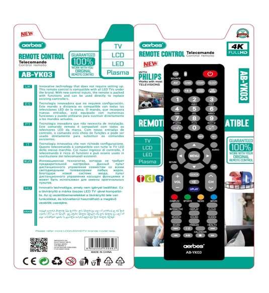 Aerbes AB-YK03 TV Remote Control Compatible With Philips And Most TVs