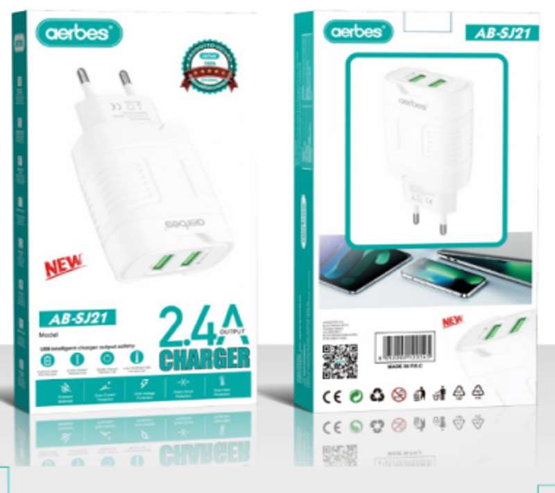 Aerbes AB-SJ21 Dual USB Port Smart Wall Travel Charger 2.4A With Auto ID