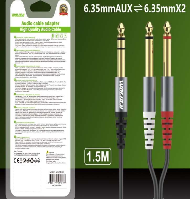 Wolulu AS-51180 Male 6.35mm To Dual Male 6.35 Cable 1.5M