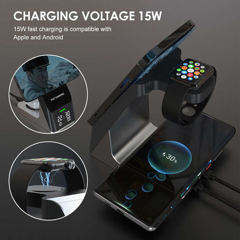 Aerbes AB-S858 Wireless Fast Charger With Digital Display Alarm Clock 6 In 1