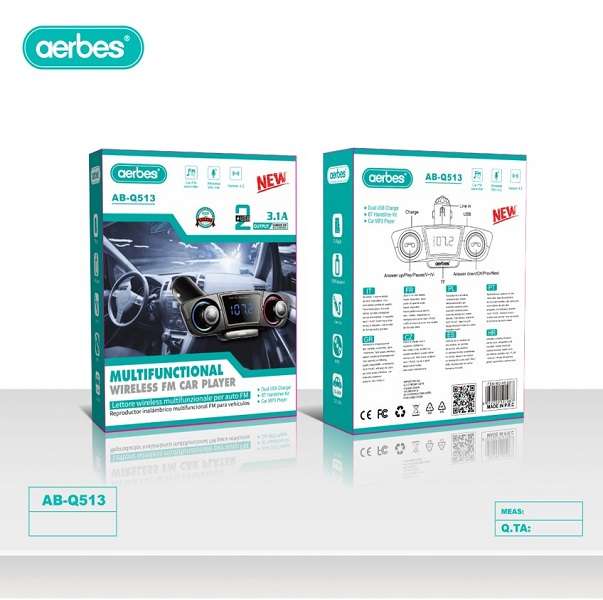 Aerbes AB-Q513 Car Bluetooth FM Modulator 3.1A Dual USB Port