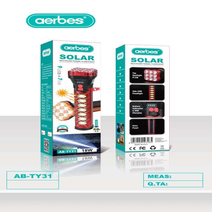 Aerbes AB-TY31 Rechargeable Solar Powered 9 LED +7 COB Flashlight 18W