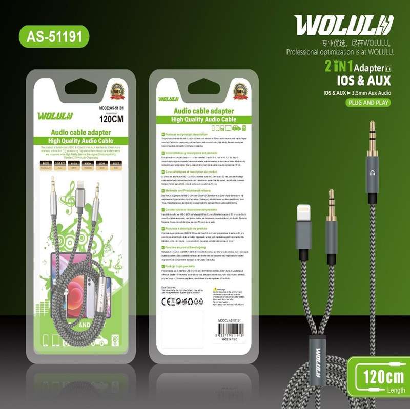 Wolulu AS-51191 Male 3.5mm To Male 3.5mm + Lightning Cable 1.2m