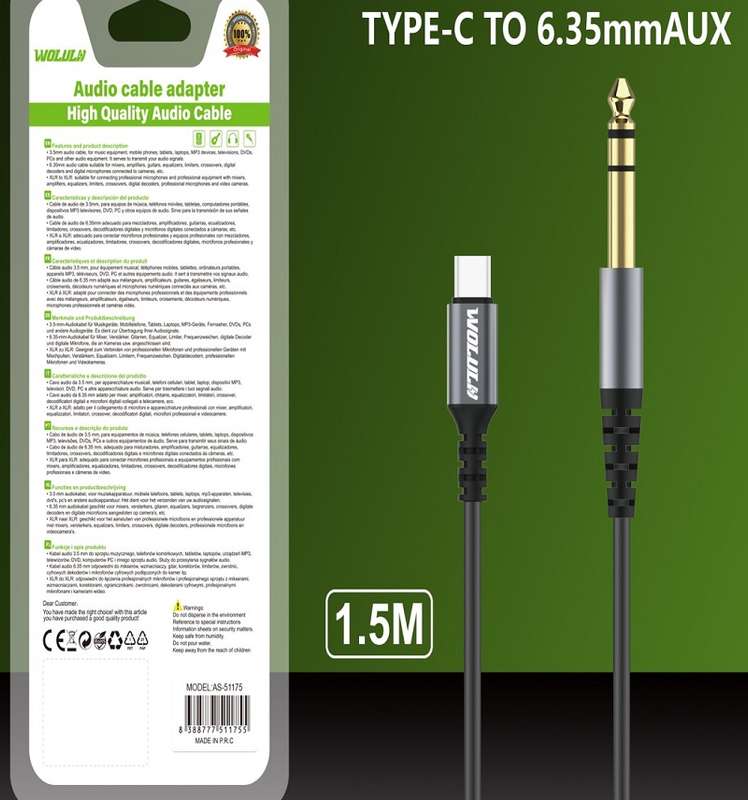 Wolulu AS-51175 Type-C To Male 6.35 Cable 1.5m
