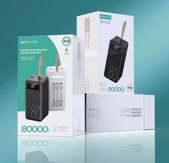 P8 SOVO 80000Mah Power Bank With Built-In 3 Cable And LED Fashlight