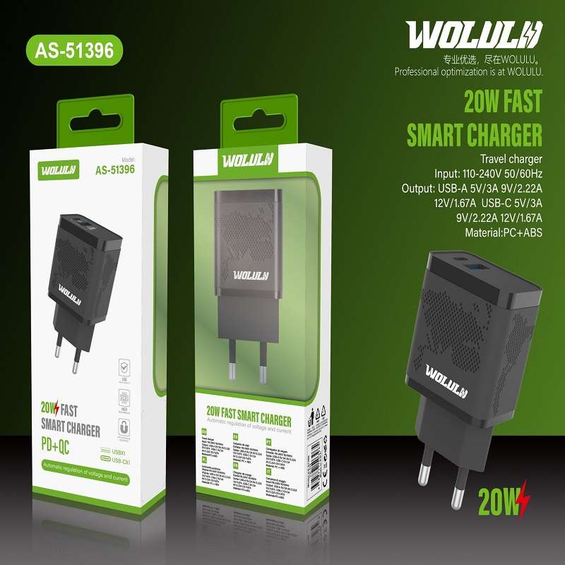 Wolulu AS-51396 PD 20W+ QC3.0 USB Fast Smart Wall Charger