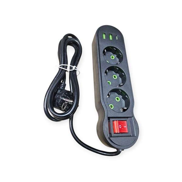 Aerbes AB-CP08 2M 220V 10A 2500W Round 2 Pin Power Socket Adapter With 1 PD and 2 USB Port